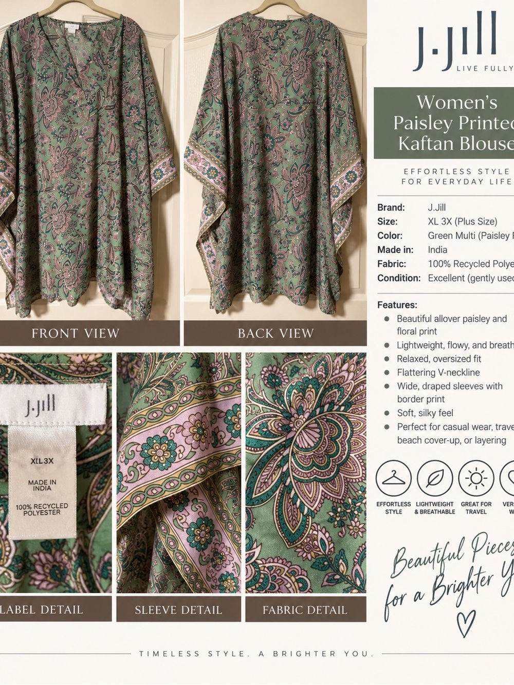 J. Jill Green Multi Paisley Kaftan Top